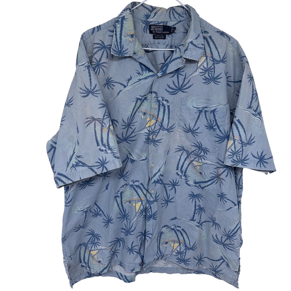 Vintage Polo Ralph Lauren Hawaiian Style Button Up Shirt XL‎ Clayton Blue Palm